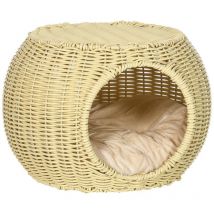 Casetta per gatti a 2 livelli in rattan pe con cuscino lavabile. Ø40X30 cm. beige