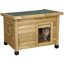 Casetta per gatti Kerbl Rustica (casetta per gatti in legno con tetto verde, porta basculante con doghe, finestra in plexiglas, piedini in plastica