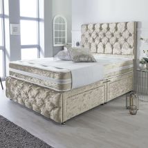 Caspian Cream Crushed Velvet Divan with Airflow Spring Memory Mattress - 4FT6 Size / 2 Drawers (Left Side) / Crystal Buttons