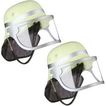 Casque de pompier, lot de 2, réglable, visière rabattable, protège-nuque. h x l x p : 24,5 x 22,5 x 28 cm, jaune