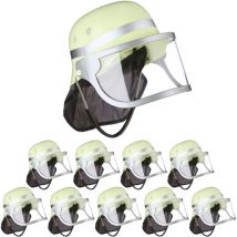 Casque de pompier, lot de 10, réglable, visière rabattable, protège-nuque. h x l x p : 24,5 x 22,5 x 28 cm, jaune