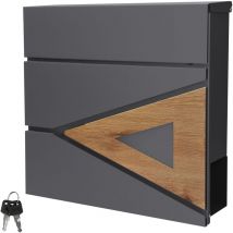 Cassetta Postale Montaggio a Parete Muro Esterno 37x36,5x11 cm in Acciaio Antracite/Aspetto Legno Buca delle Lettere con Scomparto Porta Giornali