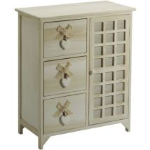 King Home - cassettiera 'white washed' 3 cassetti cuore e fiocchi in legno di paulownia, 62x32x73 cm