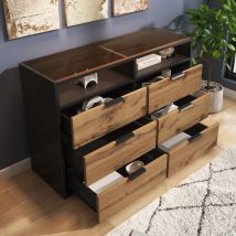 Cassettiera in vetro ambrato, credenza con maniglie in metallo, cassettiera con 6 cassetti e 2 scomparti, antiribaltamento, 120 x 40 x 80 cm, rovere