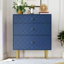 Cassettiere 75x40x89 cm con 3 cassetti, comodino, mobile contenitore, credenza, maniglie e gambe dorate, metallo e legno, blu scuro