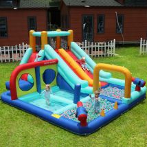 Castillo inflable con ventilador de 450 w para niños, tobogán doble, muro de escalada, pistola de agua, fuente y cubo de boxeo, 365 x 450 x 217 cm,
