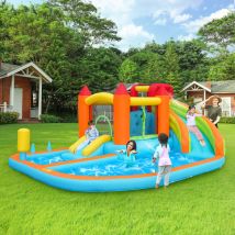 Neche - Castillo inflable para exteriores con soplador de 450 w, 2 toboganes de agua, trampolín, aro de baloncesto, pistola de agua, uso en seco y