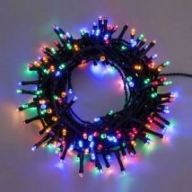 Stringa catena 8 mt serie 200 luci di Natale a led 5 mm reflex multicolore rgb con 8 giochi di luce e memoria cavo verde per esterno interno