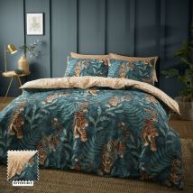 Tropic Tiger Leaf Reversible Duvet Cover Set Jungle Animal Themed Bedding Green Double - Green - Catherine Lansfield