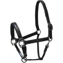Cavezza in cuoio italiano con fibbie in ottone cromato e ricami a contrasto: Full, Nero