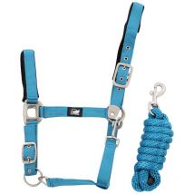 Cavezza nylon con rinforzo in pelle completa di lunghina intrecciata: Cob, turchese