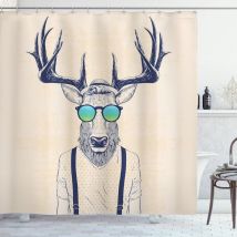 180 x 180 cm Beige Dark Blue Antlers Shower Curtain, Hipster Cool Animals Fun, Fabric Bathroom Decor Set with Hooks - Ccykxa