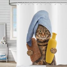 180 x 180 cm lustiger Katzen-Duschvorhang, Hnmdmyi süße braune Katze mit Shampoo, Badeschwamm und blauem Handtuch, Badewannenvorhang, Kinder-Cartoon,