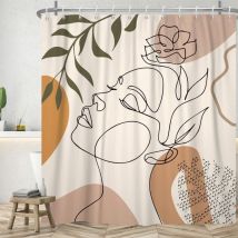 180Lx180Hcm Abstract Face Shower Curtains, Black Minimalist Lines Bath Curtain Anti-Mold Waterproof Polyester Fabric Washable Bathroom Curtain with