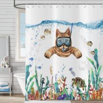 180x180cm Rideau de Douche Drôle Chat , Mignon Chaton nageant en Teal Bleu océan Rideau de Baignoire Tortue de mer Poissons tropicaux méduse étoile