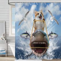 180x180cm Rideau de Douche Drôle , Chien Cooler Cavalier Requin Rideau de Douche Océan Vagues Mouette Poisson Bleu Mignon Enfants Garçons Rideau de