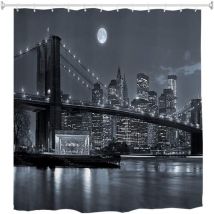 180x200cm Rideau de Douche Anti Moisissure Imperméable Tissu New York City Brooklyn Bridge Manhattan Skyline Noir Blanc Polyester Étanche Rideau pour