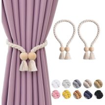 Ccykxa - 2 Pack Magnetic Curtain Tiebacks Wooden Ball for Home and Office - Bohemian Style Curtain Holdbacks - Handwoven Natural Cotton Rope - Beige