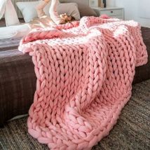 80X100,Pink)Plaid Tricot Grosse Maille Plaid Grosse Maille Plaid Tricot Couverture De Canapé en Laine Grossière Tissée à La Main Plaid Laine Grosse