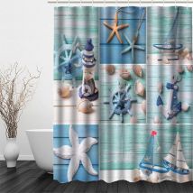 Anti Moisissure Rideau de Douche Étoile De Mer De Dessin Animé Phare 3D Océan 100% Polyester pour Baignoire Rideau Salle de Bain Imperméable