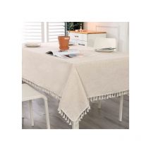 Beige, rechteckige Tischdecke, schmutzabweisend, waschbar, Baumwolle und Leinen, Quasten-Tischdecke mit Quasten, Tischwäsche für Geburtstag,