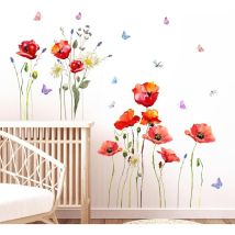 Coquelicots Rouges Stickers Muraux, Papillon Floral Aquarelle Stickers Mural, Auto-adhésives et Amovibles Autocollants Muraux pour Salon Chambre