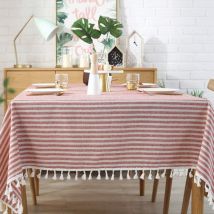 Ccykxa - Nappe à pompons à rayures en coton et lin résistant aux taches/(Rectangle, 55 x 71 pouces, rouge) Housse de table imperméable à l'eau et à