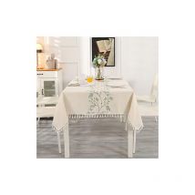 Nappe Rectangulaire Beige Anti Tache Nappe Tassel Lavable en Coton et Lin avec Broderie de Feuilles Vertes & Franges, Nappe de Table Impermeable pour