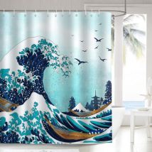 Rideau de Douche Vague Japonaise Kanagawa 180 x 180 cm Rideau de Bain Tissu Polyester Anti Moisissure Imperméable Lavable Rideau Salle de Bain avec