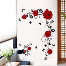 Stickers Muraux Fleurs des Rose Rouges Sticker Fleurs Romantique, beaux autocollants muraux Rose et Papillons, Autocollant Mural Plantes Grande Deco