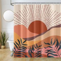 A 150Lx180Hcm Rideau Douche Abstrait, Rideau Douche Boho Feuilles Bleu Paysage Terracotta Motif Rideau de Baignoire Anti Moisissure Imperméable