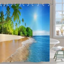 A 180x200cm Rideau de Douche Ocean Beach ,Palmiers tropicaux Seaside Island Ciel Bleu Paysage hawaïen Rideau de Baignoire imperméable Tissu Polyester