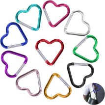 A Lot de 10 mousquetons en forme de cœur, petit mousqueton porte-clés en alliage d'aluminium coloré, mousqueton en forme de cœur, adapté au camping