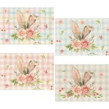 A Lot de 4 Sets de Table de Pâques,Sets de Table Fleurs Oreilles de Lapin Plaid de Buffle, Lapin Napperons Lavables en Lin, Printemps Décoration