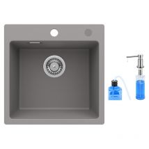 Cecipa - 45x45cm Evier Quartz Gris + 300ML Distributeur de Savon Brossé - Evier 1 Bac en Quartz et Résine Evier à Encastrer 1 Vasque