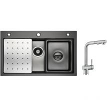 Cecipa - vier 1 Bac 70×45cm avec Egouttoir, Vasque et Distributeur de Savon + Robinet Cuisine avec Douchette, Mitigeur Extractible Brossé