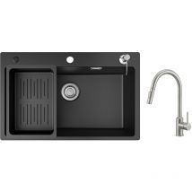 Cecipa - Evier 1 Bac en Quartz et Résine 70x45cm Evier de Cuisine avec Panier de Vidange et Distributeur de Savon + Mitigeur avec Douchette