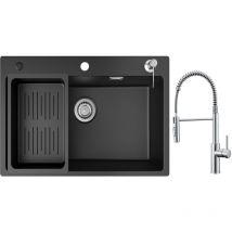 Cecipa - Evier 1 Bac en Quartz et Résine 70x45cm Evier de Cuisine avec Panier de Vidange et Distributeur de Savon + Mitigeur de Cuisine à Ressort