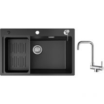 Cecipa - Evier 1 Bac en Quartz et Résine 70x45cm Evier de Cuisine avec Panier de Vidange et Distributeur de Savon + Robinet Cuisine Rabattable