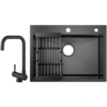 Cecipa - vier 1 Bac Inox avec Panier de Drainage - Évier de Cuisine Noir 60×45×18 cm + Cuisine Rabattable Robinet Pliable Mitigeur Sous Fenêtre Noir