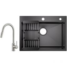 Cecipa - vier 1 Bac Inox avec Panier de Drainage - Évier de Cuisine Noir 60×45×18 cm + Mitigeur de Cuisine avec Douchette Extractible-2 Modes de