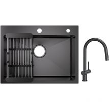Cecipa - vier 1 Bac Inox avec Panier de Drainage - Évier de Cuisine Noir 60×45×18 cm + Mitigeur de Cuisine avec Douchette Extractible avec 2 Types de