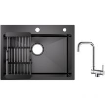 Cecipa - vier 1 Bac Inox avec Panier de Drainage - Évier de Cuisine Noir 60×45×18 cm + Robinet Cuisine Rabattable Mitigeur de Evier Repliable Brossé