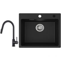 Cecipa - Evier 1 Bac Quartz Noir 50x45cm Evier de Cuisine en Quartz Evier de Cuisine en Granit + Mitigeur de Cuisine avec Douchette Extractible