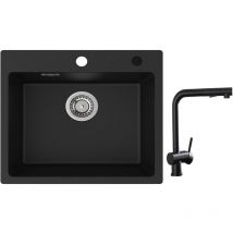 Cecipa - Evier 1 Bac Quartz Noir 50x45cm Evier de Cuisine en Quartz Evier de Cuisine en Granit + Robinets Cuisine avec Douchette Extractible,
