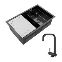 Cecipa - vier Cuisine 1 Bac Noir avec Egouttoir et Vasque Évier à Encastrer 70×44×21CM + Mitigeur Cuisine Rabattable Noir Robinet Pliable Sous Fenêtre