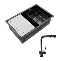 Cecipa - vier Cuisine 1 Bac Noir avec Egouttoir et Vasque Évier à Encastrer 70×44×21CM + Robinet Douchette Mitigeur avec Douchette Extractible