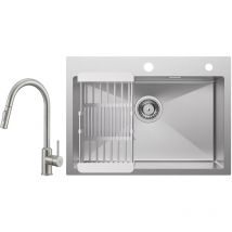 Cecipa - vier de Cuisine 1 Bac 60×45×18CM Évier Cuisine Acier Inoxydable 304 Brossé avec Panier de Drainage + Mitigeur de Cuisine avec Douchette