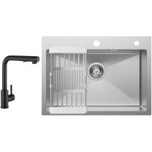 Cecipa - vier de Cuisine 1 Bac 60×45×18CM Évier Cuisine Acier Inoxydable 304 Brossé avec Panier de Drainage + Noir Mitigeur de Cuisine avec Douchette