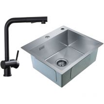 Cecipa - Mitigeur de cuisine et Evier 1 bac Set, Évier Inox 1 Cuve 504519cm avec Siphon et Trop-Plein +Robinet de cuisine Noir avec douchette